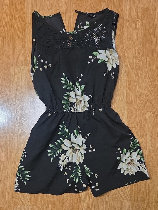 Fashion Web Pants - Black Floral Lace Yoke Romper